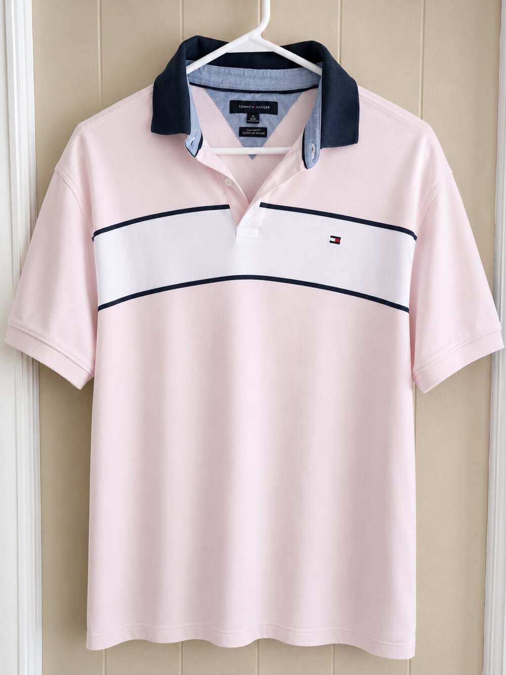 Tommy Hilfiger Custom Fit Colorblock Stripe Polo Shirt Pink XL